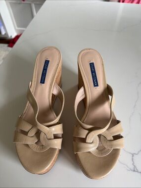 Stuart Weitzman Beige Woven Leather Wedge Sandals